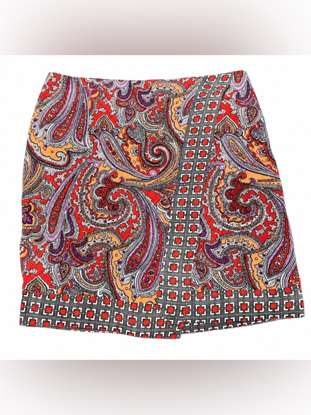 New York & Company Red Paisley-Print Mini Skirt with Black Geometric Trim
